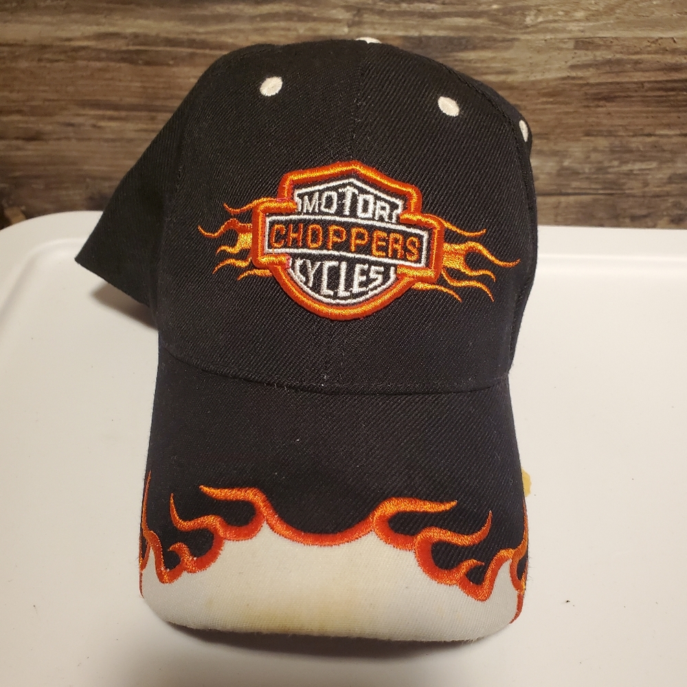 Vintage Biker Hat Cap Motorcycles Black Orange‎ Flame Classic One Size Adult New